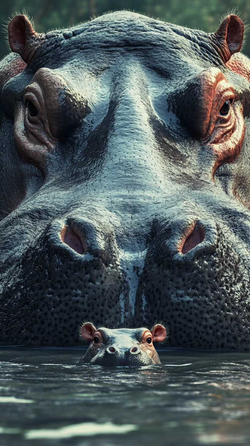Gros plan d’un hippopotame adulte veillant sur un minuscule bébé dans l’eau