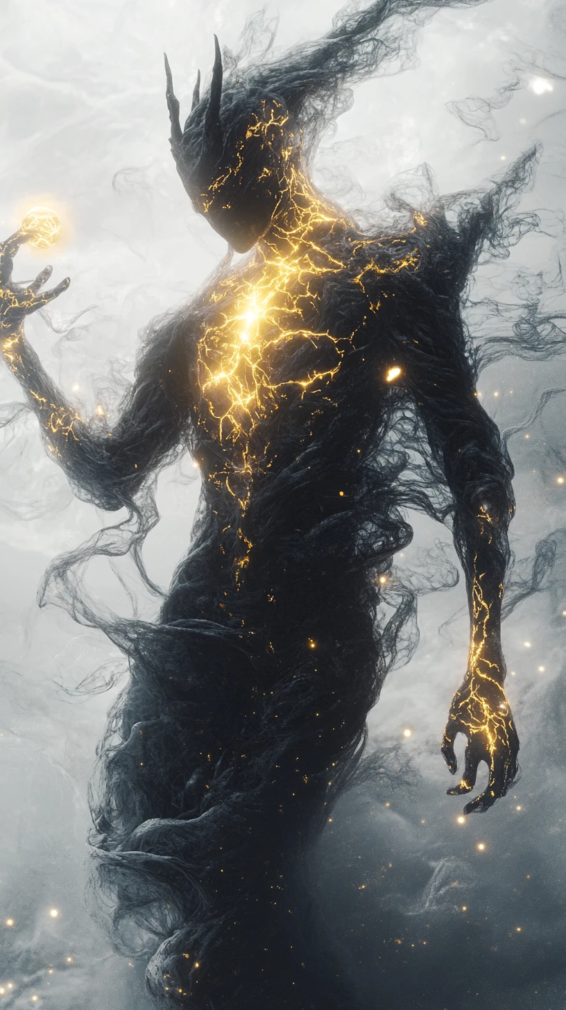 Ethereal horned spirit of smoke holding a golden light orb