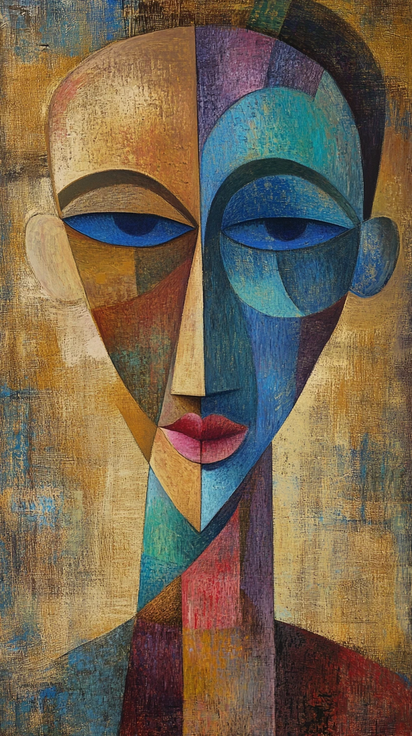 Abstract cubist portrait with blue masked eyes and pink lips
