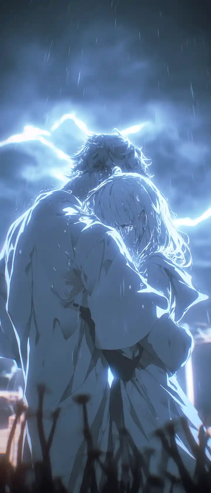 Anime woman holding a fading memory under lightning sky