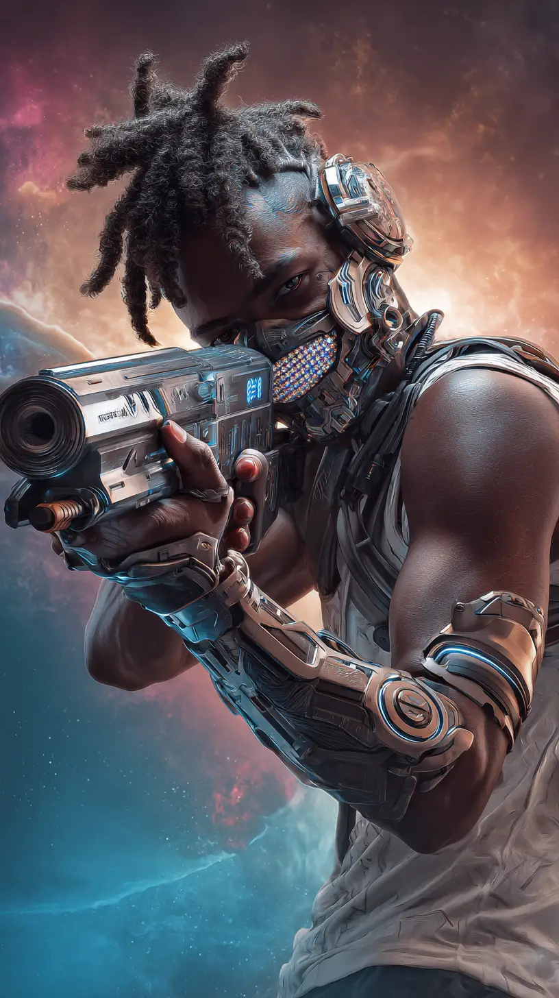 Afrofuturistische Cyborg-Attentäterin feuert eine futuristische Waffe ab