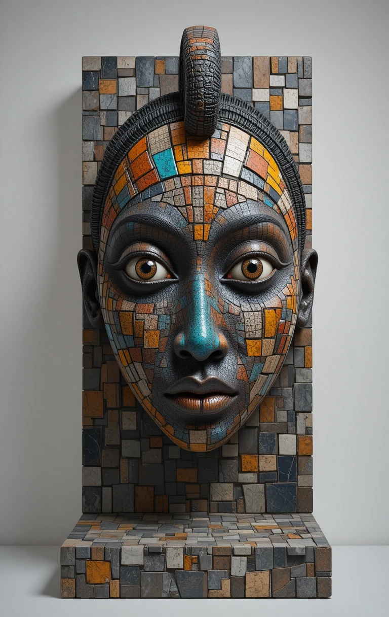 Colorful ceramic tribal mask mosaic in close up view