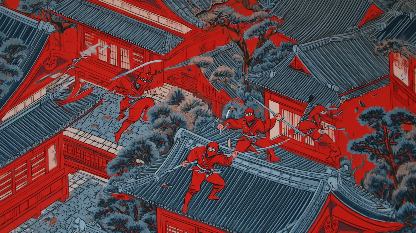 Red clad ninjas leaping across New York rooftops at night