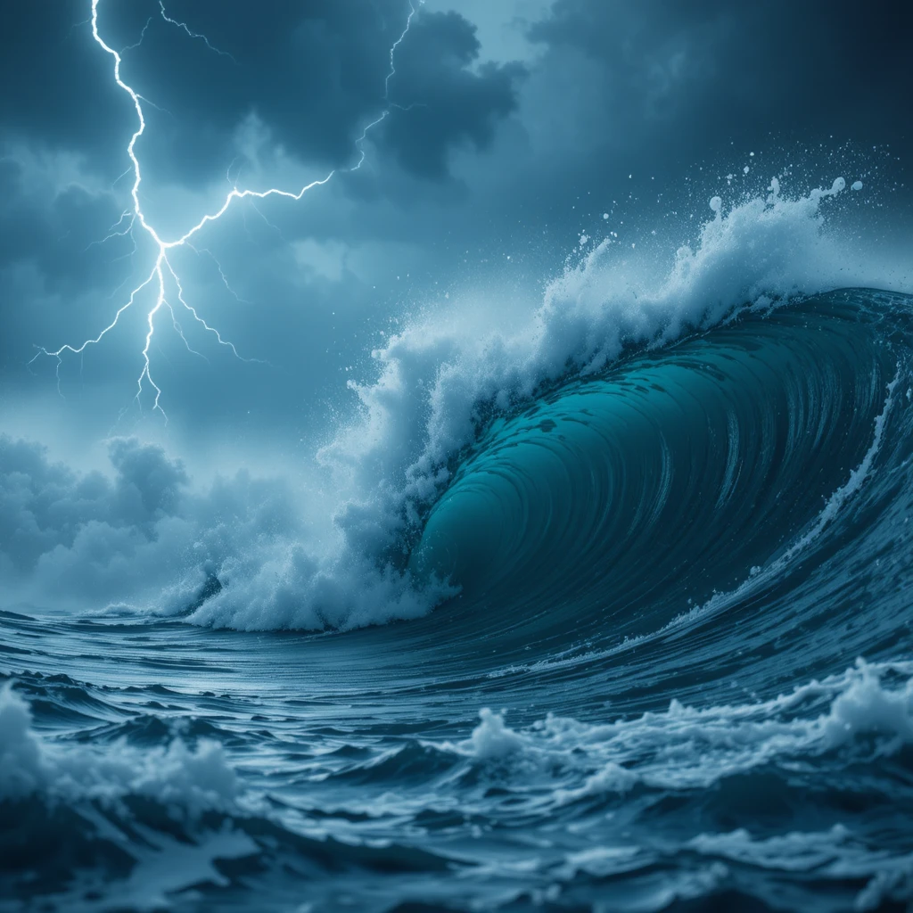 Massive storm waves collide under lightning filled ocean sky