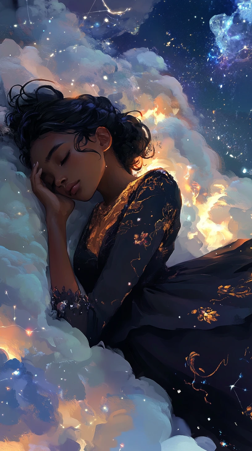Friedliche Ebony-Frau, die auf weichen leuchtenden Wolken ruht