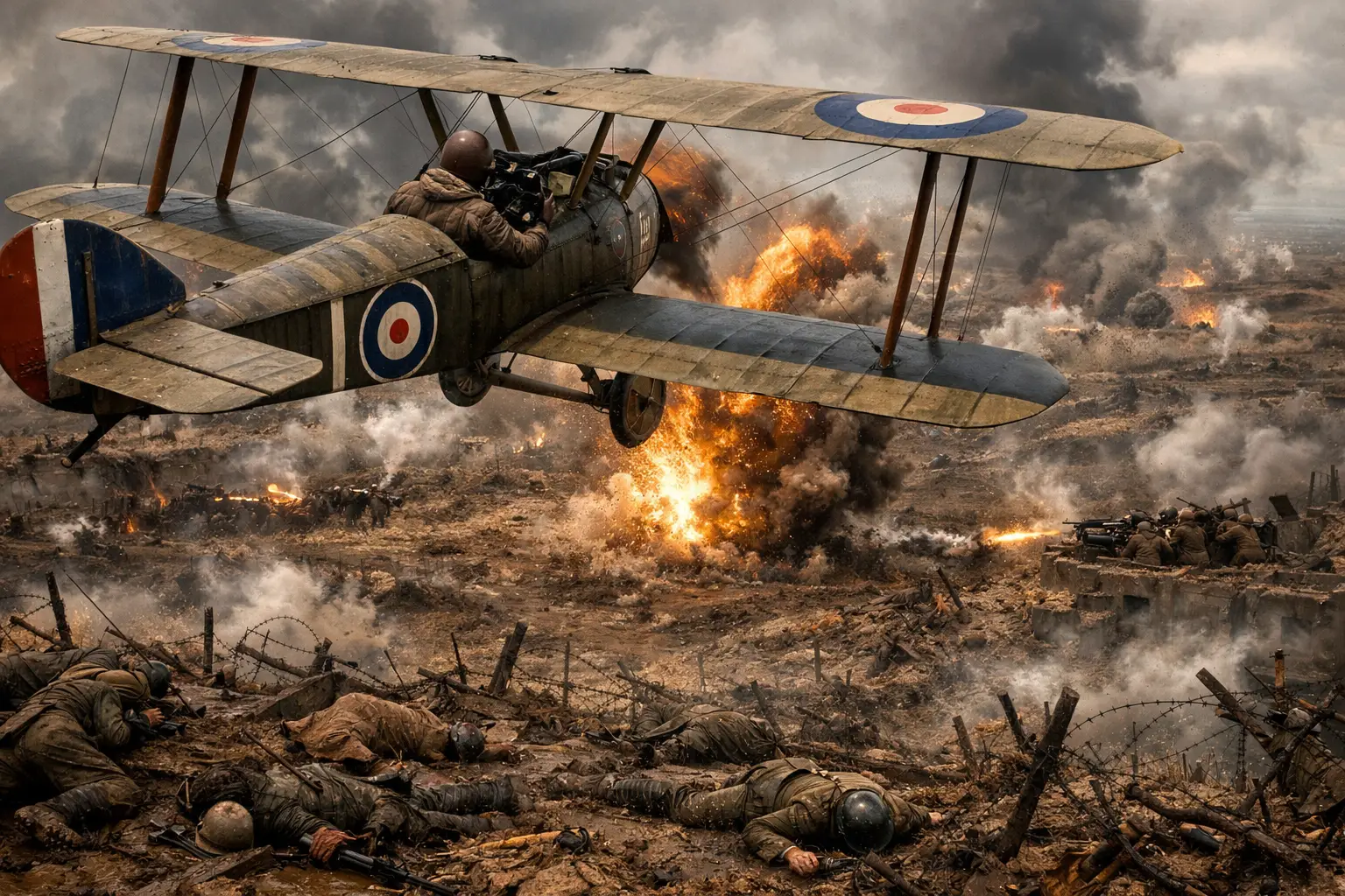過酷な世界大戦の塹壕戦場上空を飛ぶ連合軍複葉機