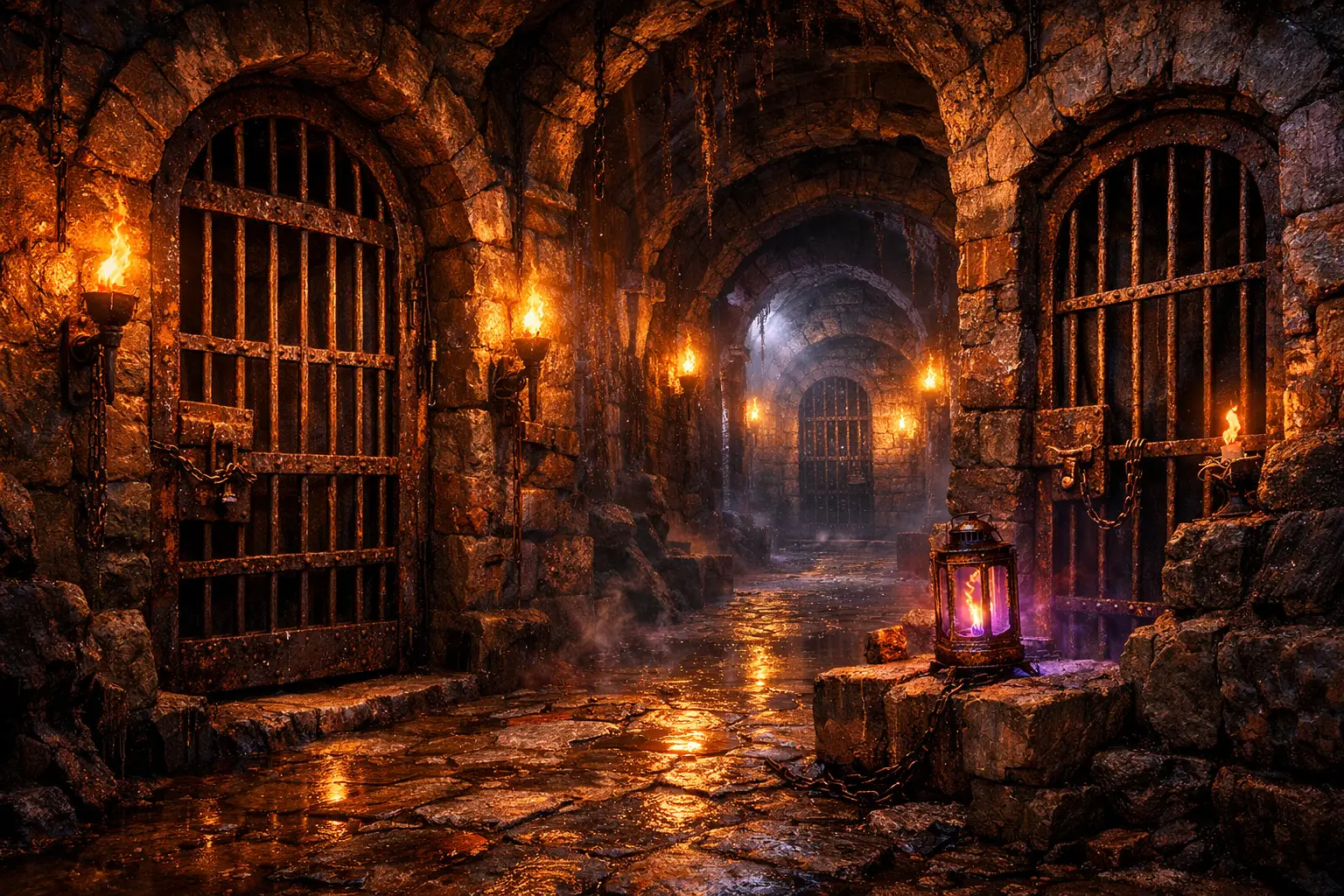 Torchlit stone dungeon corridor with barred doors and shadows
