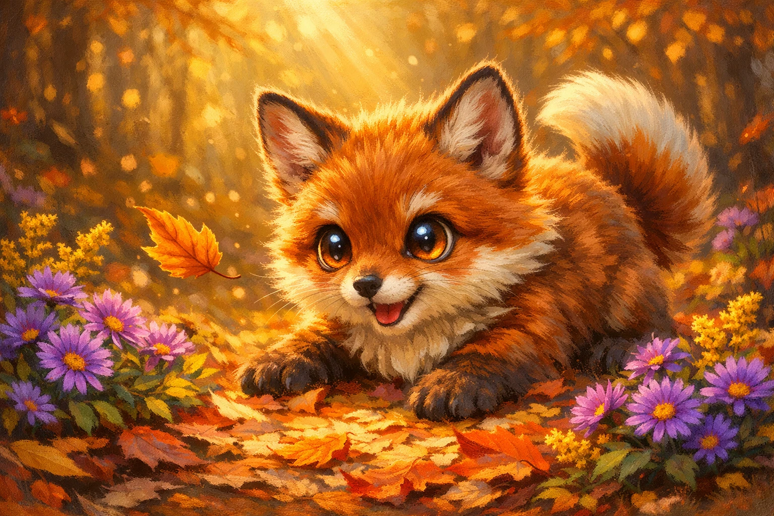 Raposa bebé brincalhona em uma pintura de floresta colorida de outono