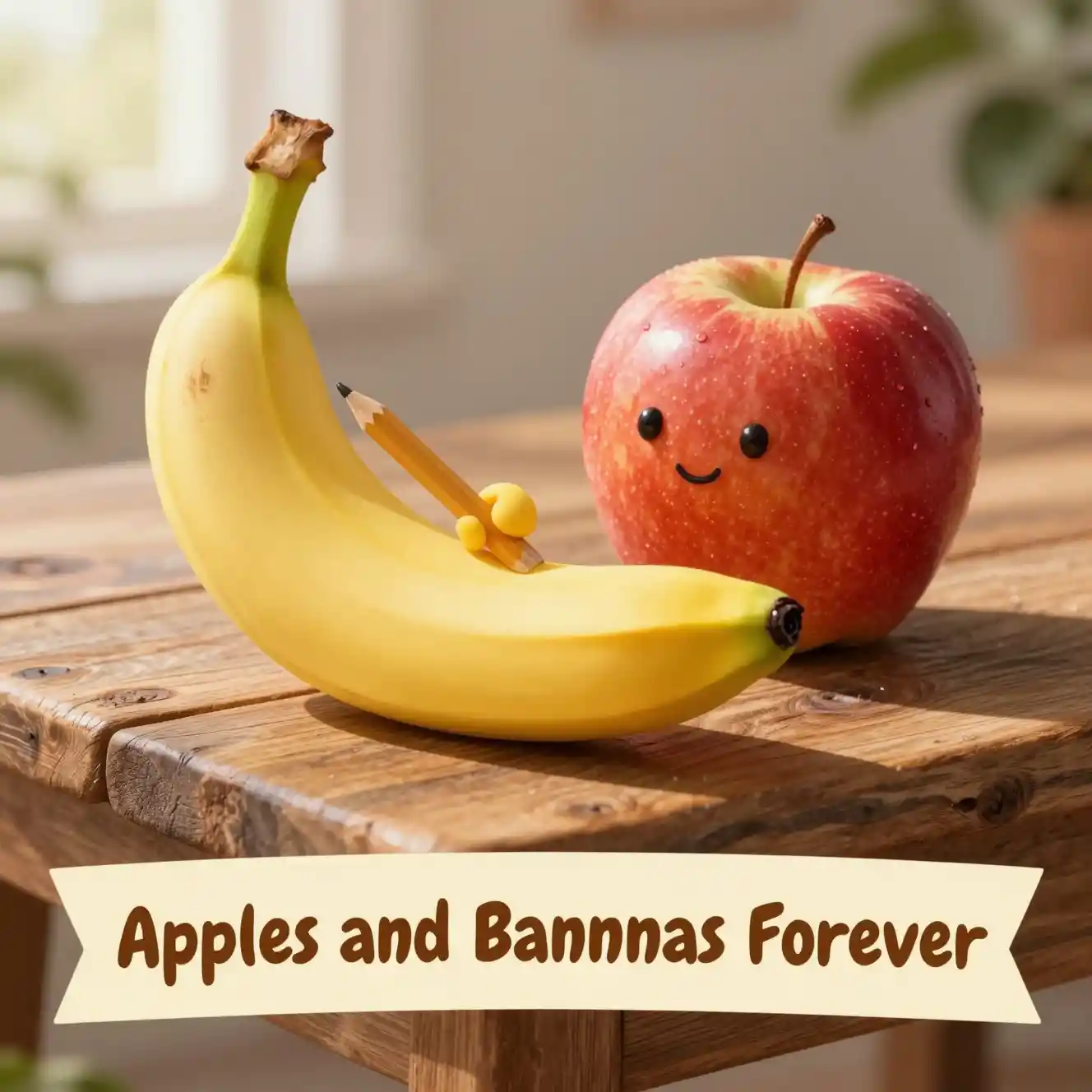 Playful banana and apple still life on wooden table