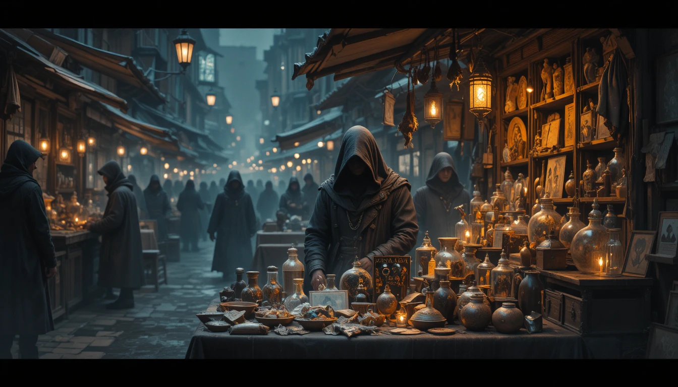 Hooded merchant at a shadowy clandestine night market stall