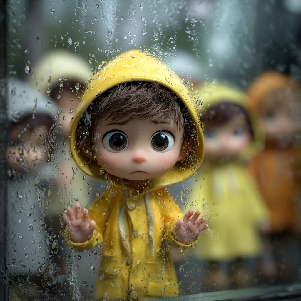Little boy in yellow raincoat behind rainy window