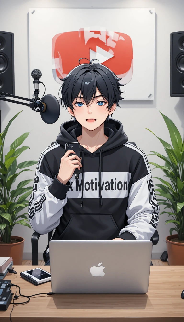 Anime boy recording in a studio with camera and laptop