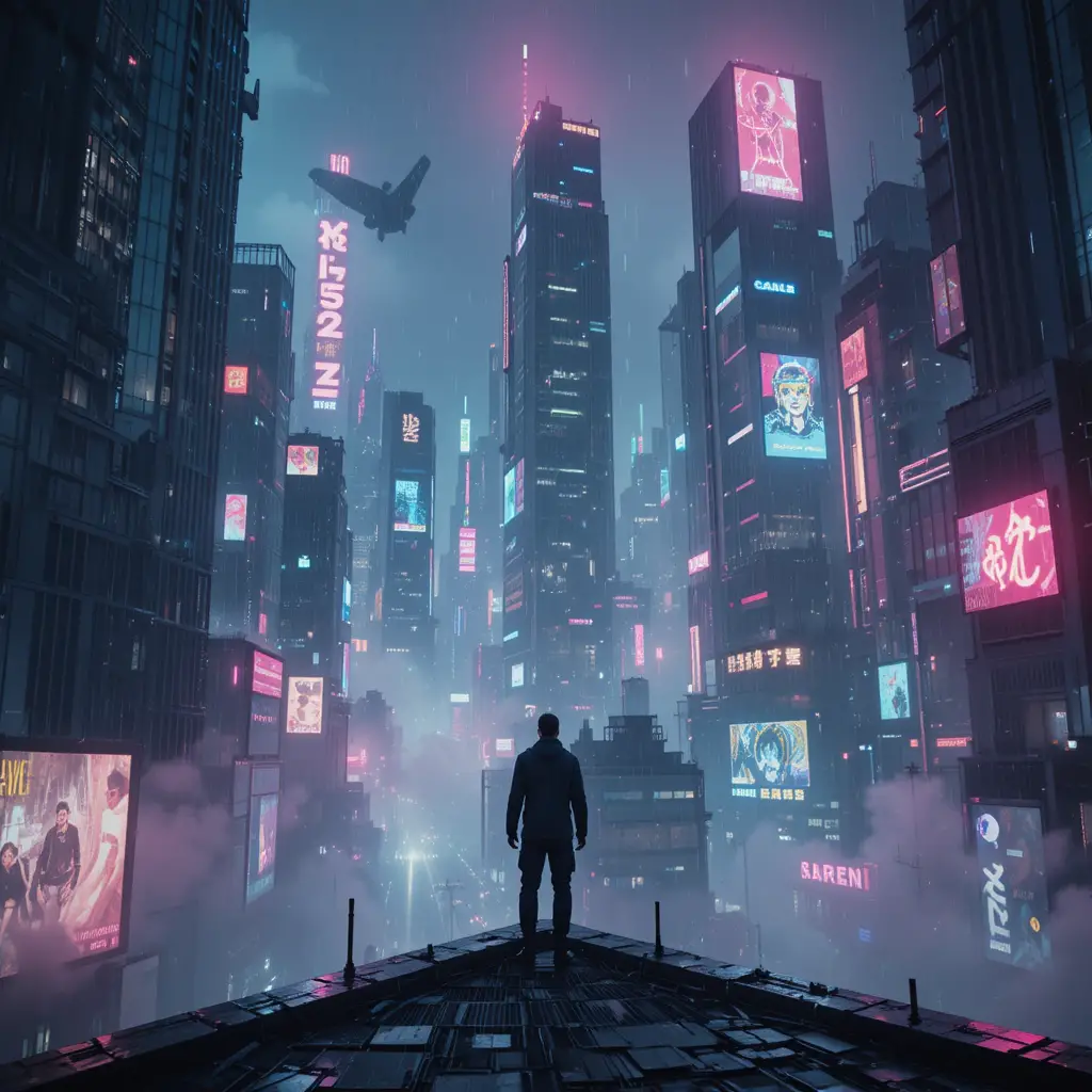 Einsame Gestalt mit Blick auf neonbeleuchtete futuristische Stadt bei Nacht