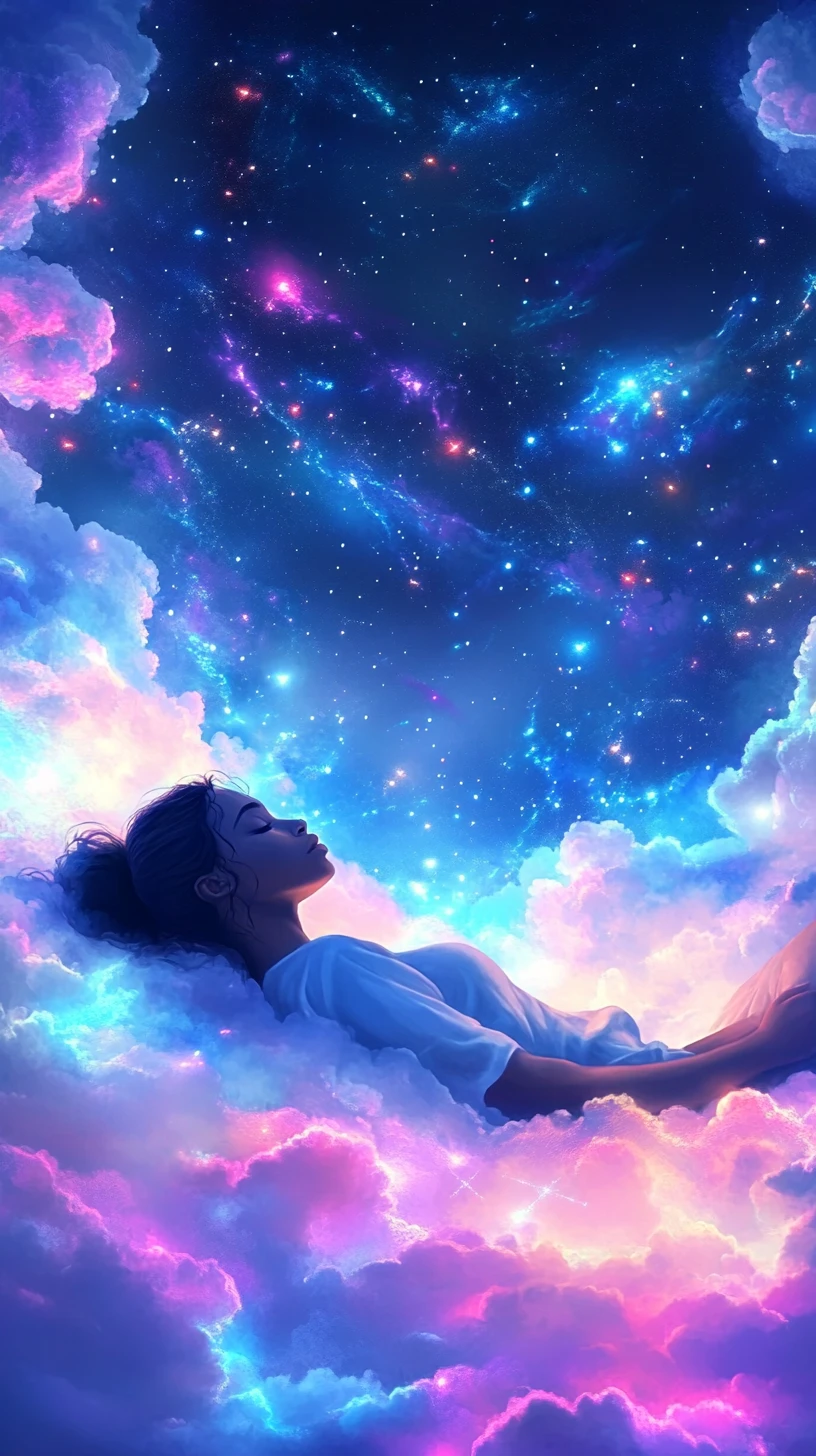 Peaceful dark skinned woman resting on soft glowing clouds