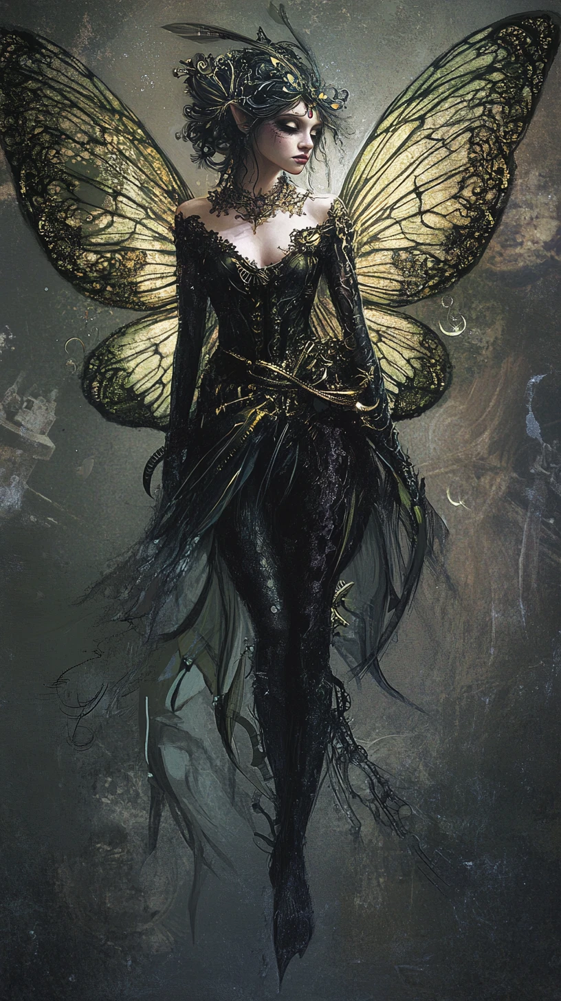 Fée steampunk mystique surgissant d’un sombre royaume onirique