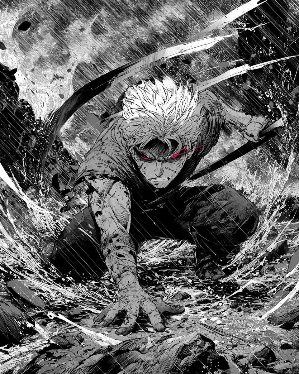 Guerrier de manga féroce se ruant à travers un champ de bataille orageux