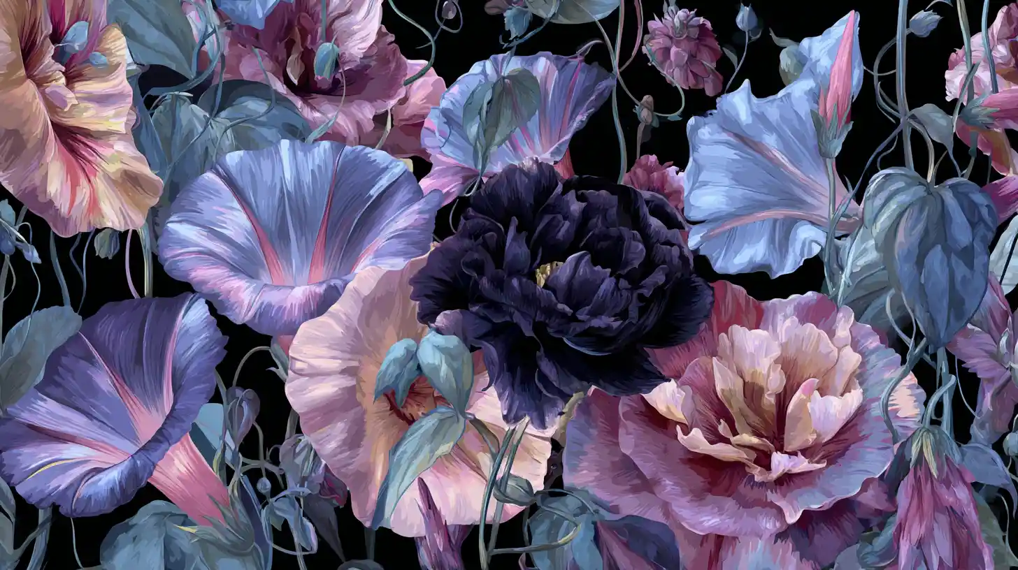 Flores fusionadas surreais em um jardim de fantasia onírico