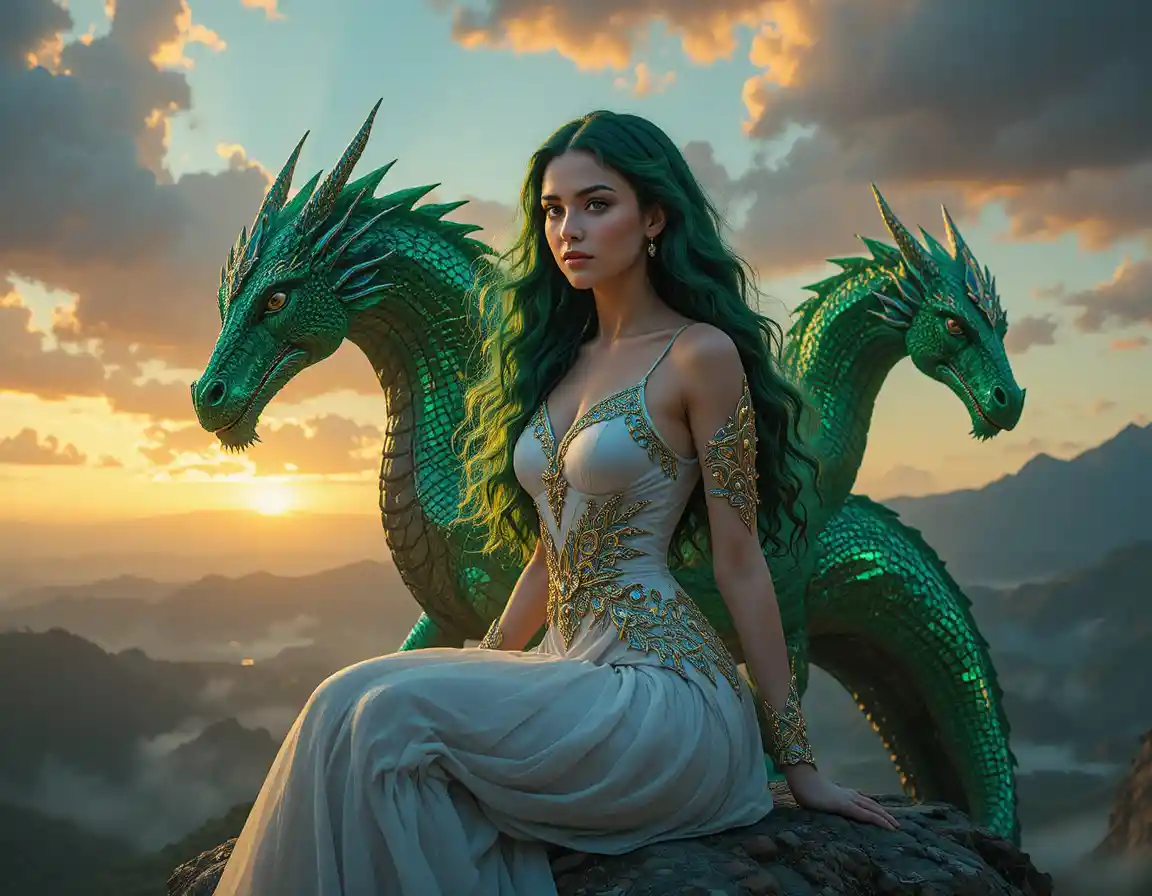 Espadachim heroína de cabelo verde com asas de dragão ao pôr do sol