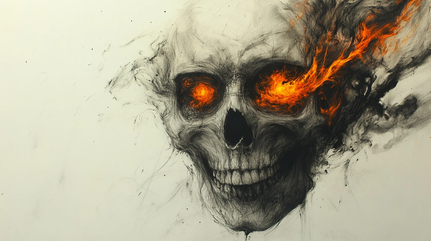 Gros plan de crâne au fusain aux yeux lumineux dans un feu abstrait