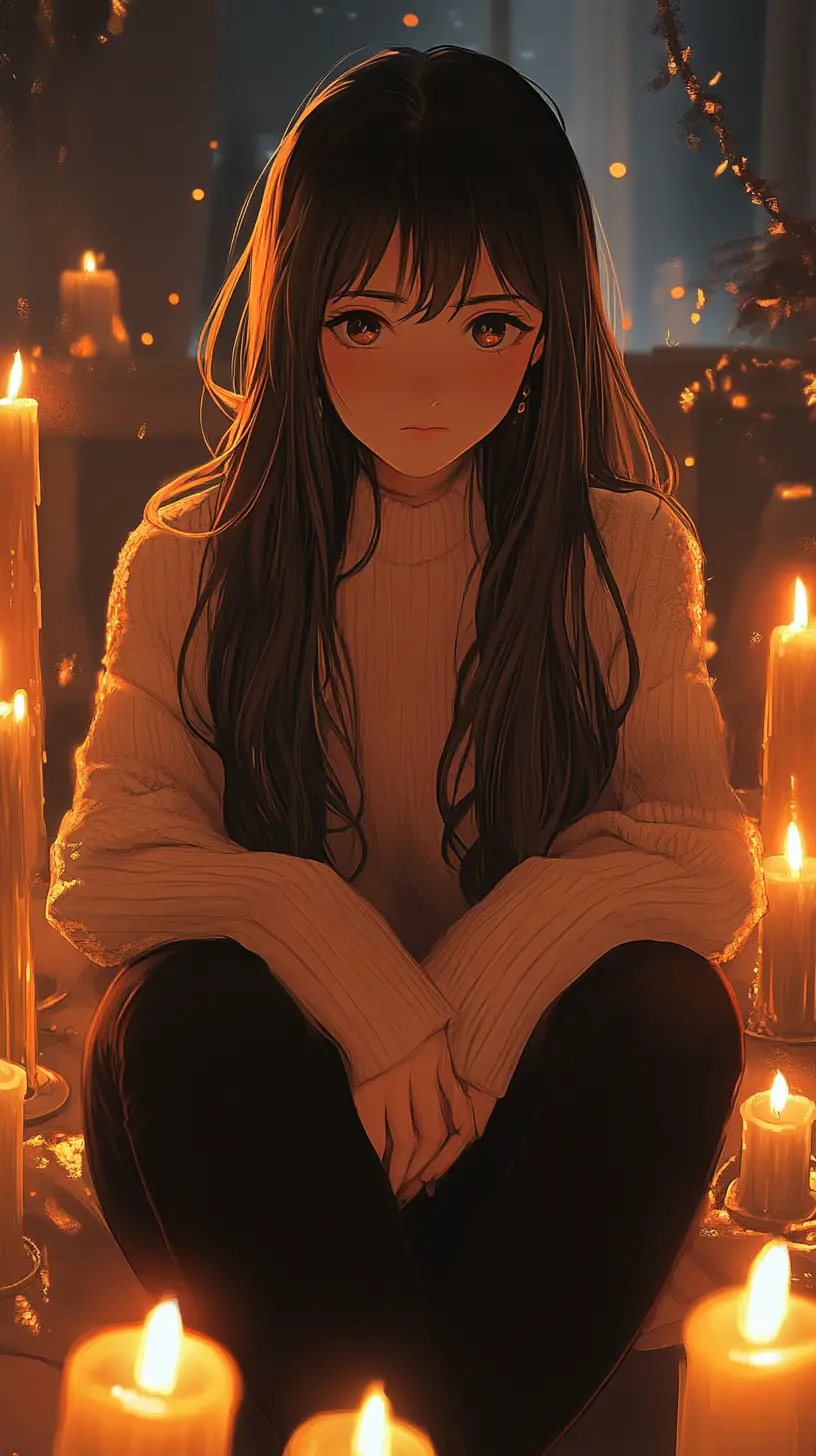 Anime-Mädchen sitzt zwischen Kerzen in einem warmen, schummrigen Raum