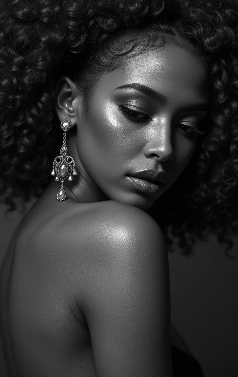 Black and white portrait of a woman with afro hair