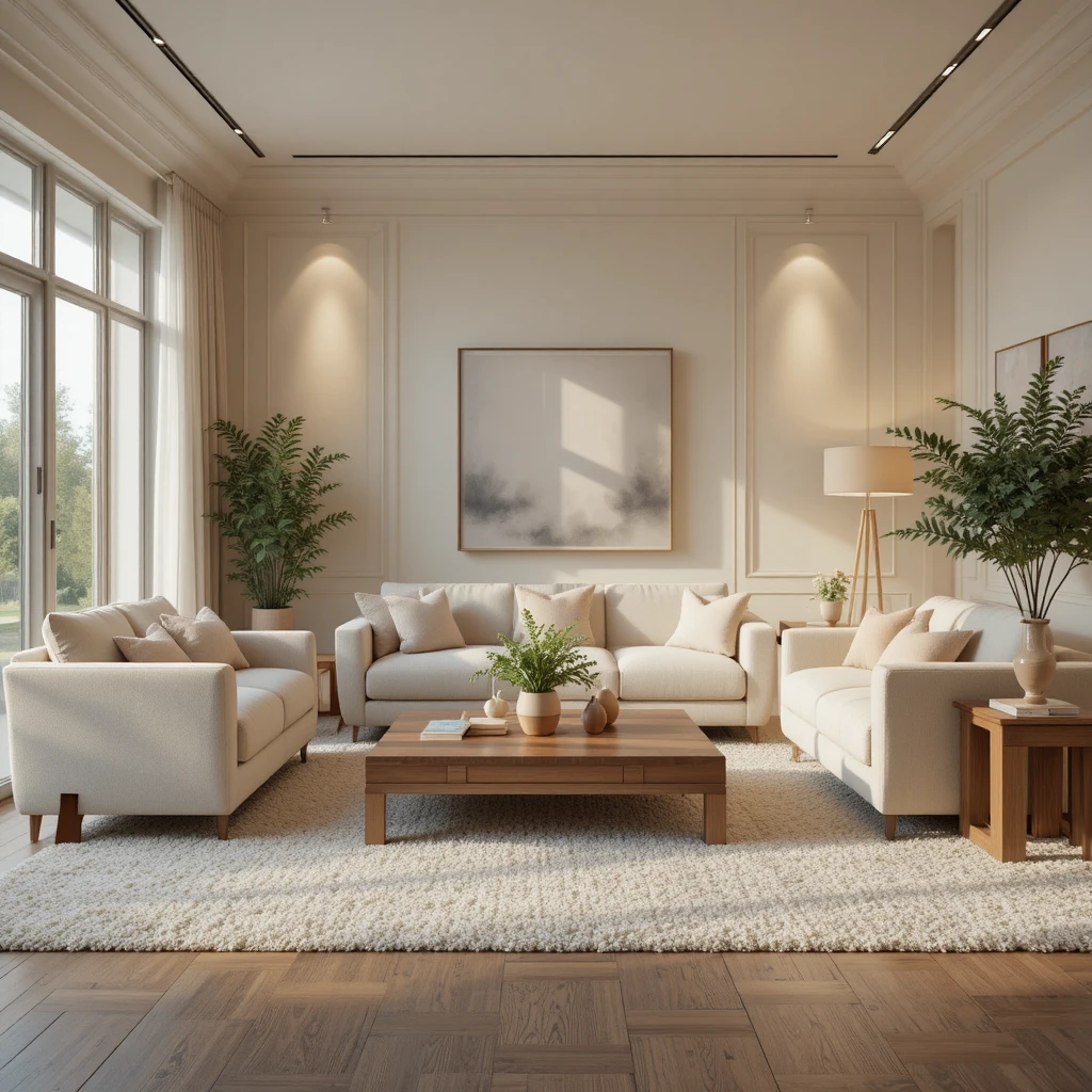 Warmer, moderner Wohnraum mit cremefarbenen Sofas und Holztisch