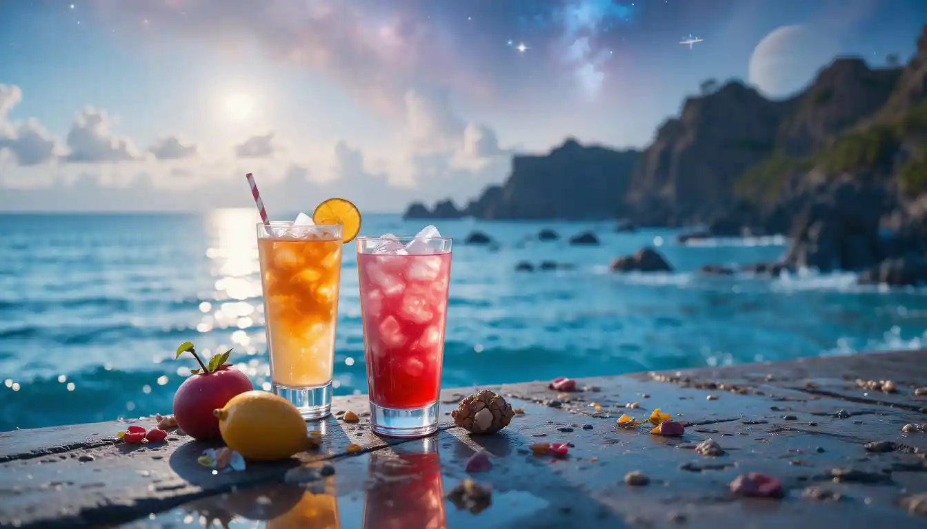 Exotic cocktails by the ocean with a surreal cosmic sky