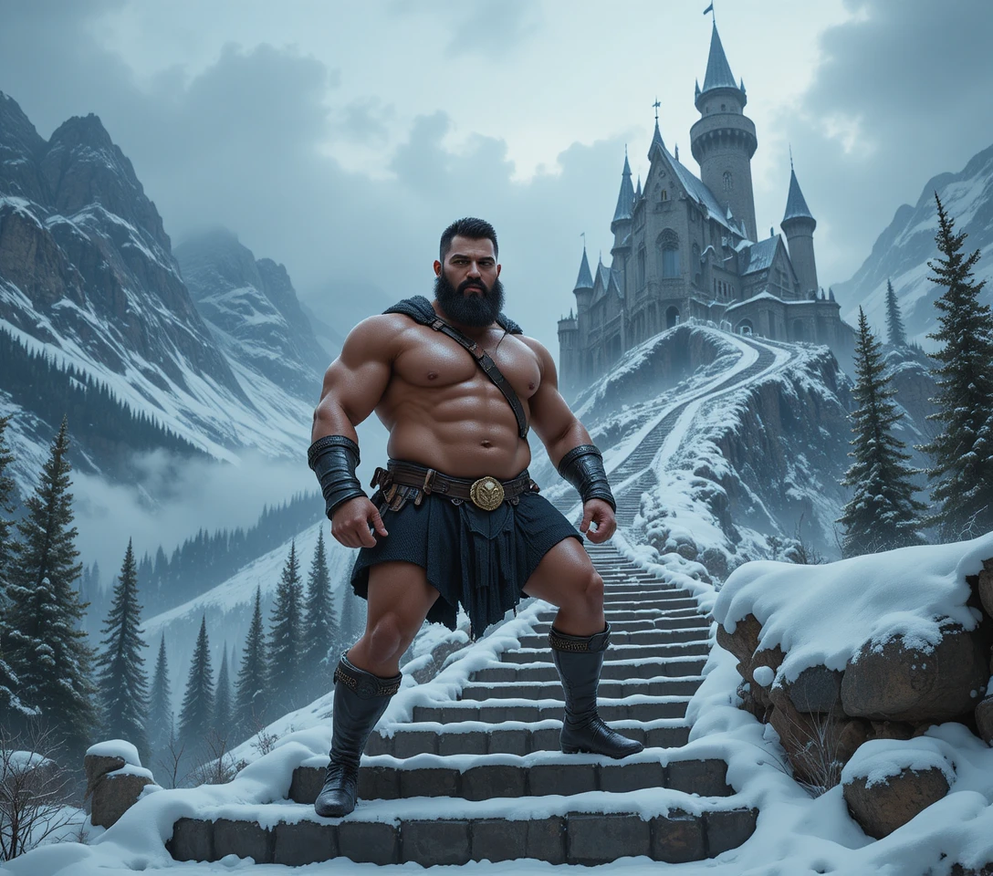 Muskulöser lateinamerikanischer Fantasy-Krieger vor einer Winterburg