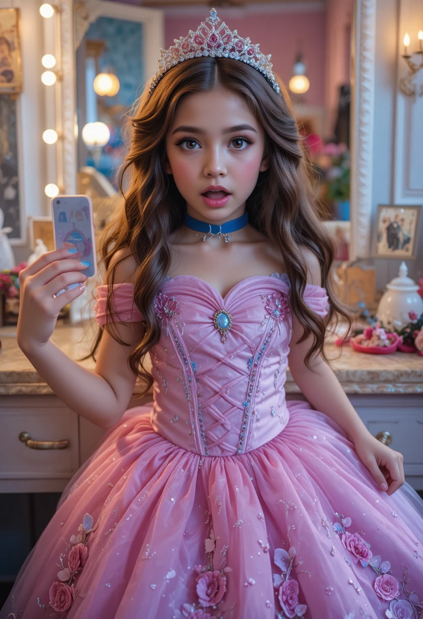 Menino com vestido de princesa posando em uma penteadeira da Disney