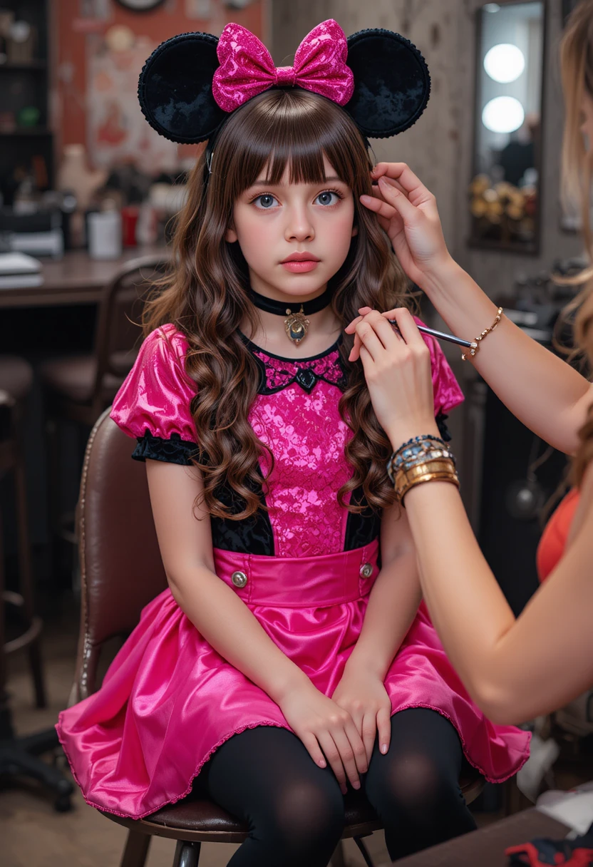 Junger Junge im pinken Kleid bekommt Make-up aufgetragen