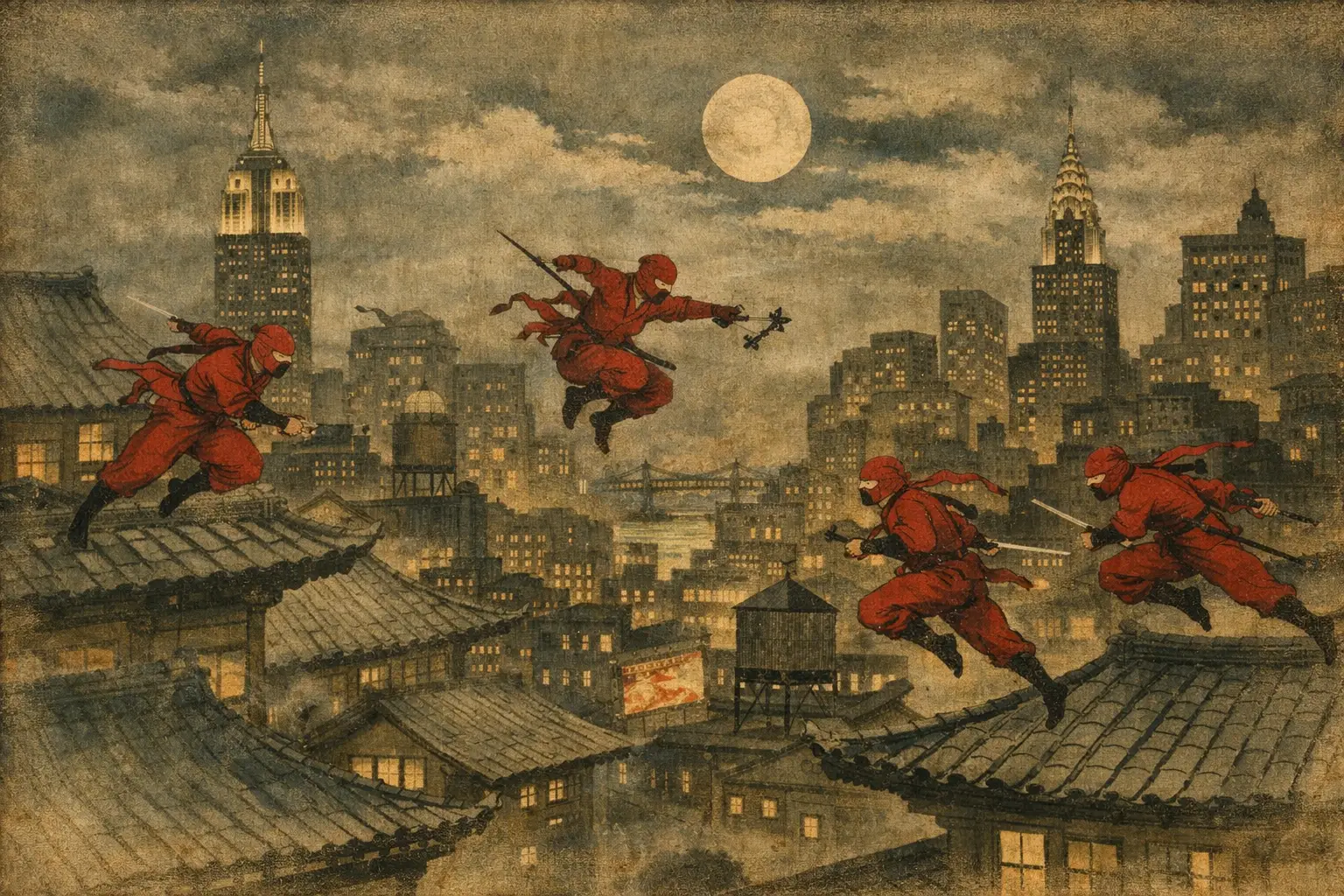Ninjas vêtus de rouge bondissant de toit en toit dans une ville nocturne