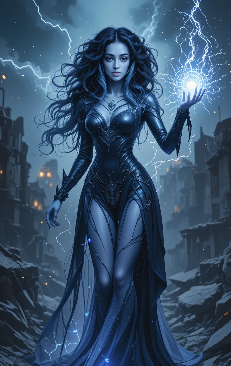 Mystical blue skinned warrior woman over a ruined city