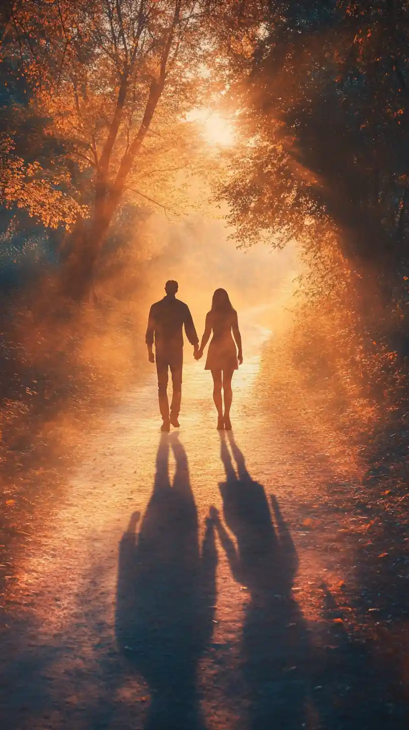 Couple Walking Hand In Hand On A Sunset Path