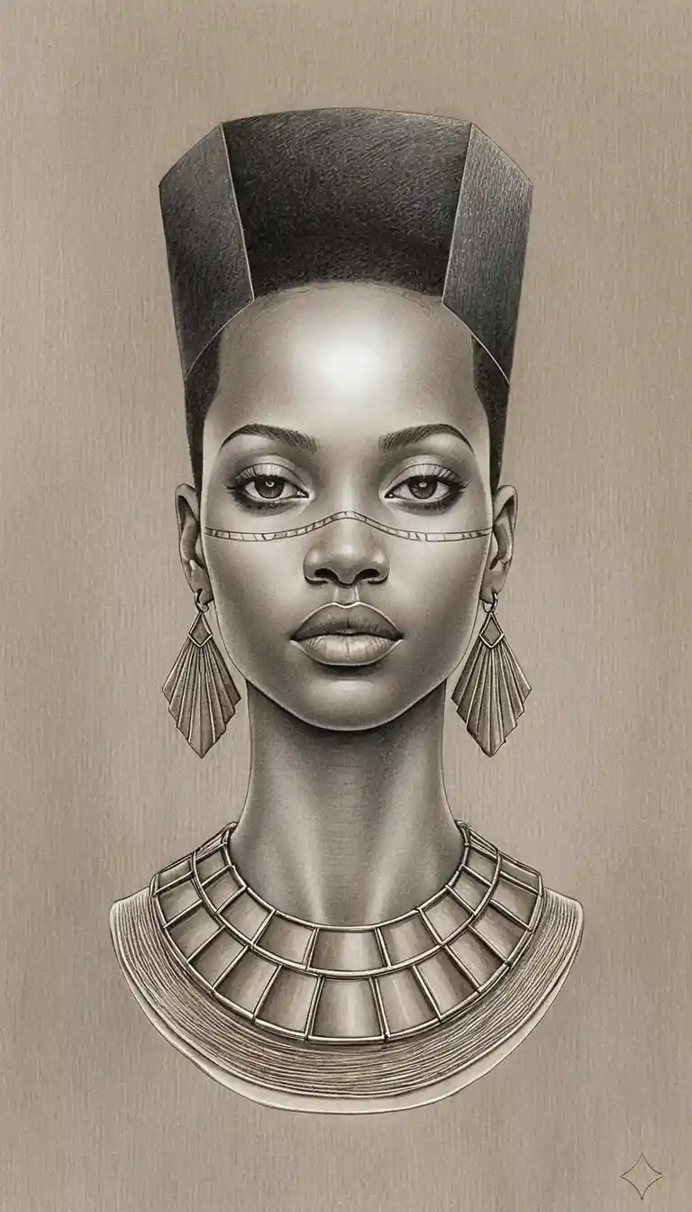 Graphite bust portrait of an elegant African woman with jewelry