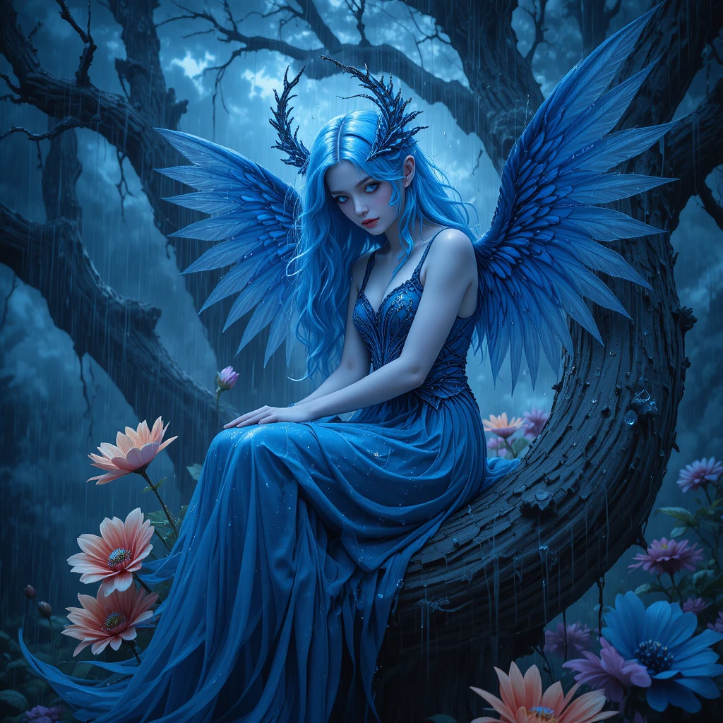 Anjo de cabelo azul com asas sentado em uma árvore chuvosa