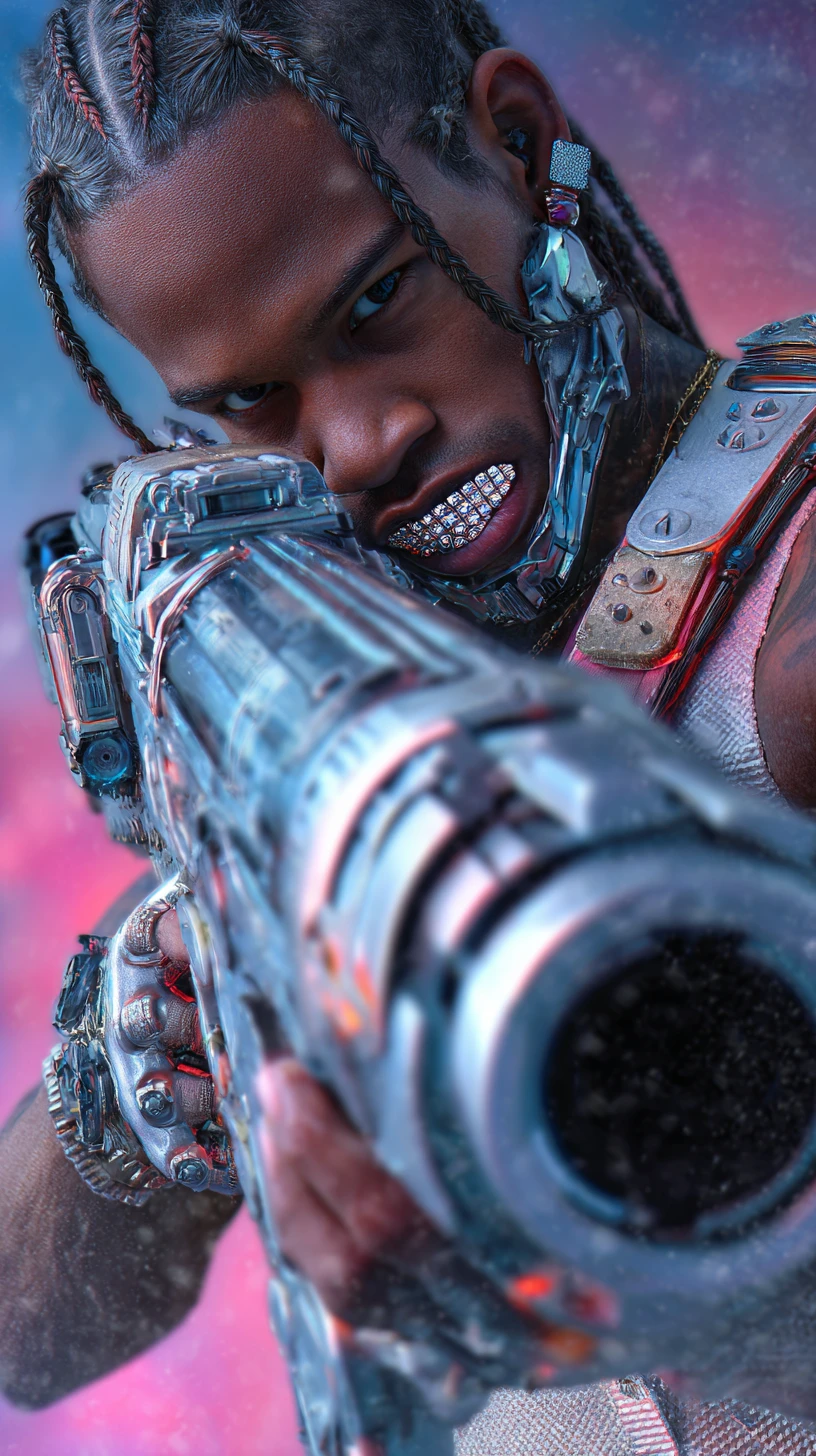 Assassin cyborg afrofuturiste tirant avec une gigantesque arme de science-fiction