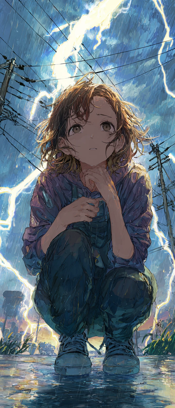 Heartbroken anime girl kneeling in a flooded city street