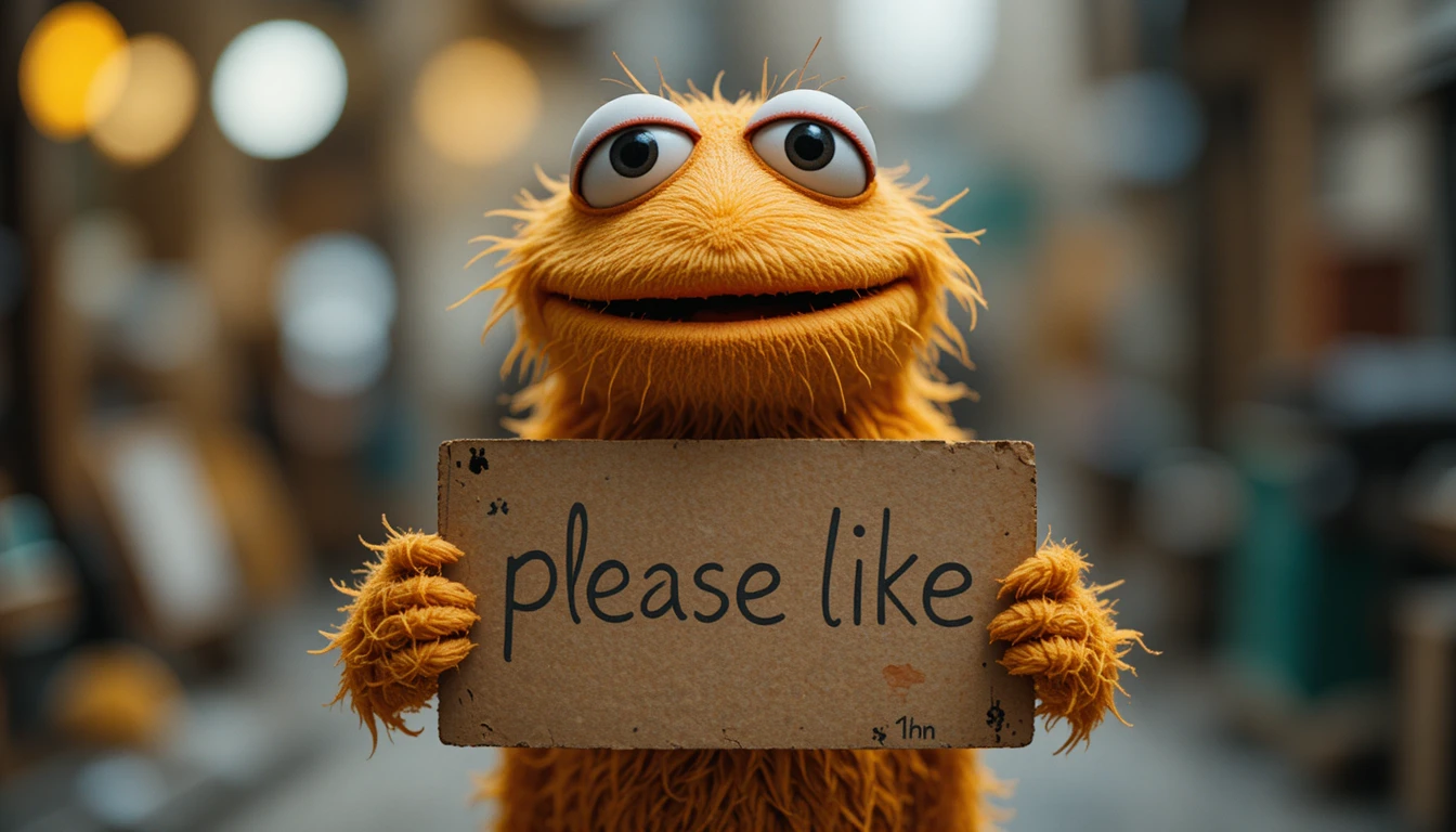 Personnage de dessin animé tenant une pancarte en carton « please like »