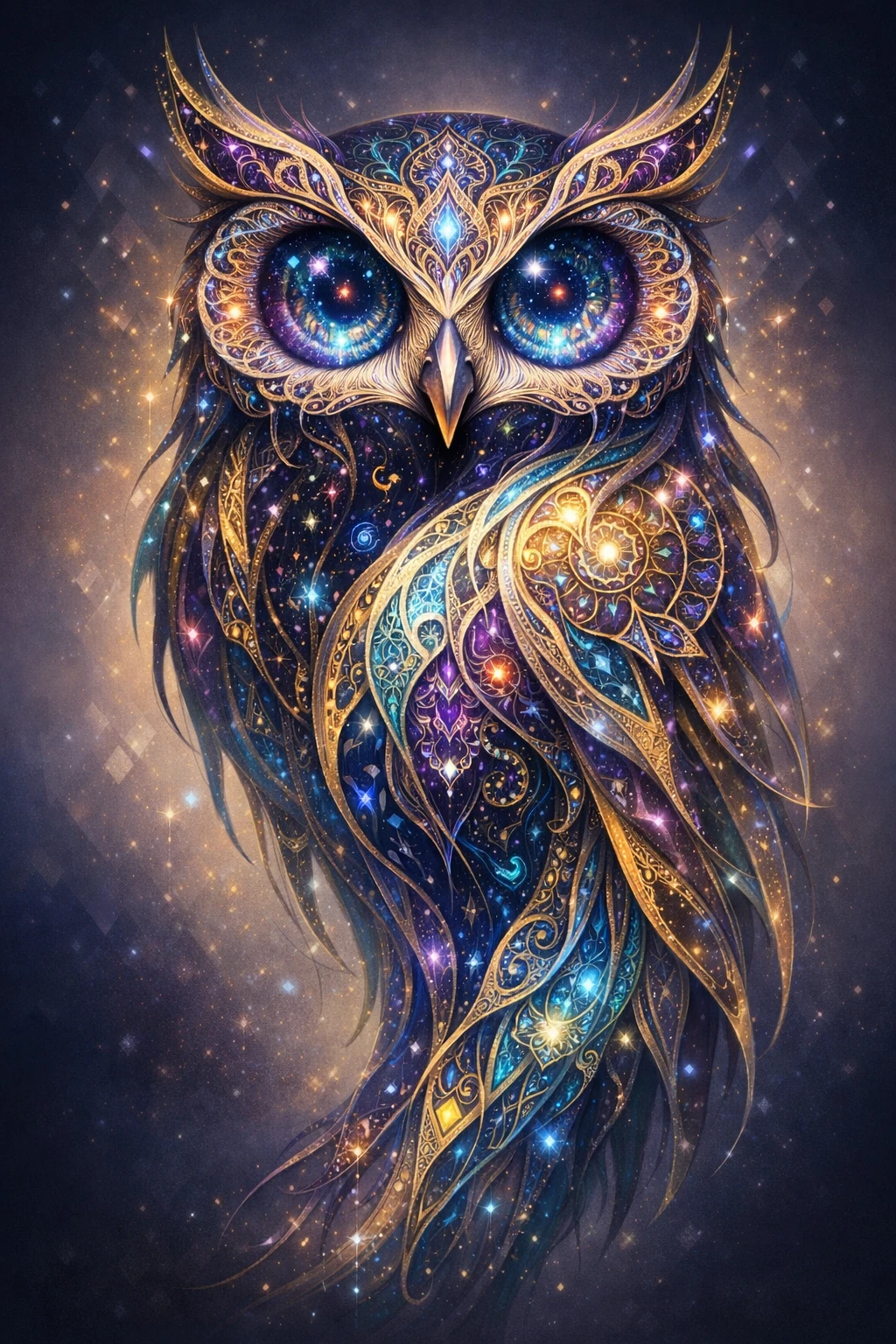 Hibou abstrait surréaliste avec motifs fractals et yeux lumineux