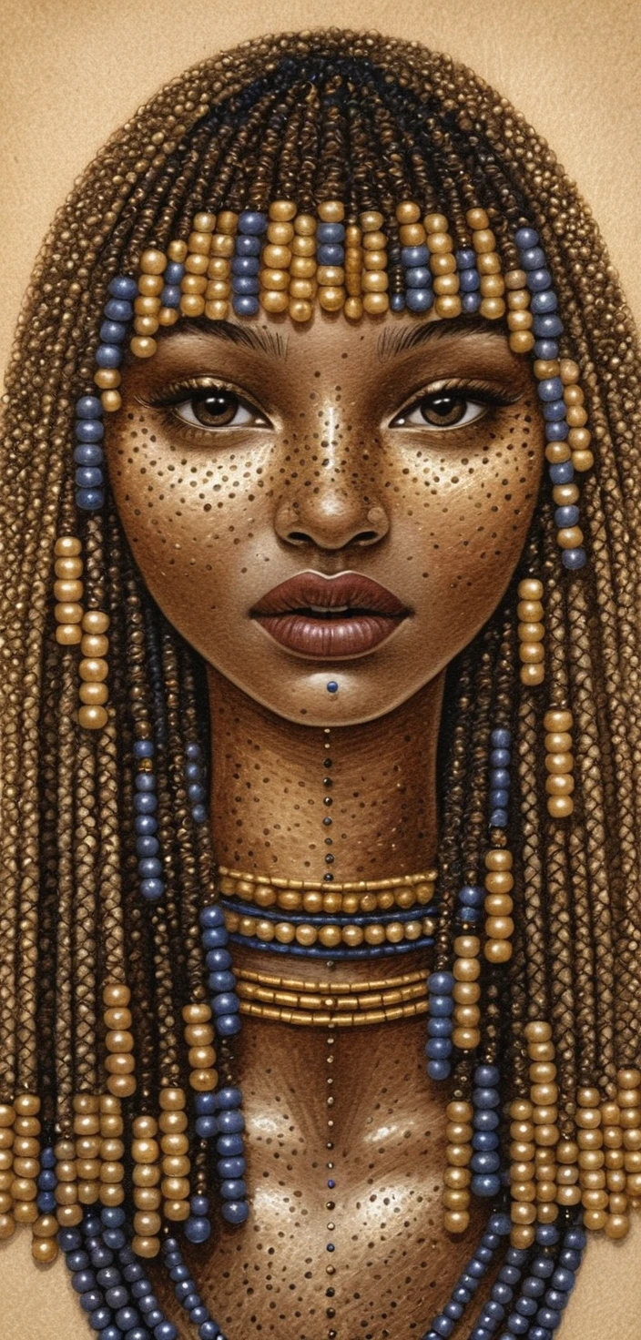 Nubian girl portrait with braided hair and gold jewelry