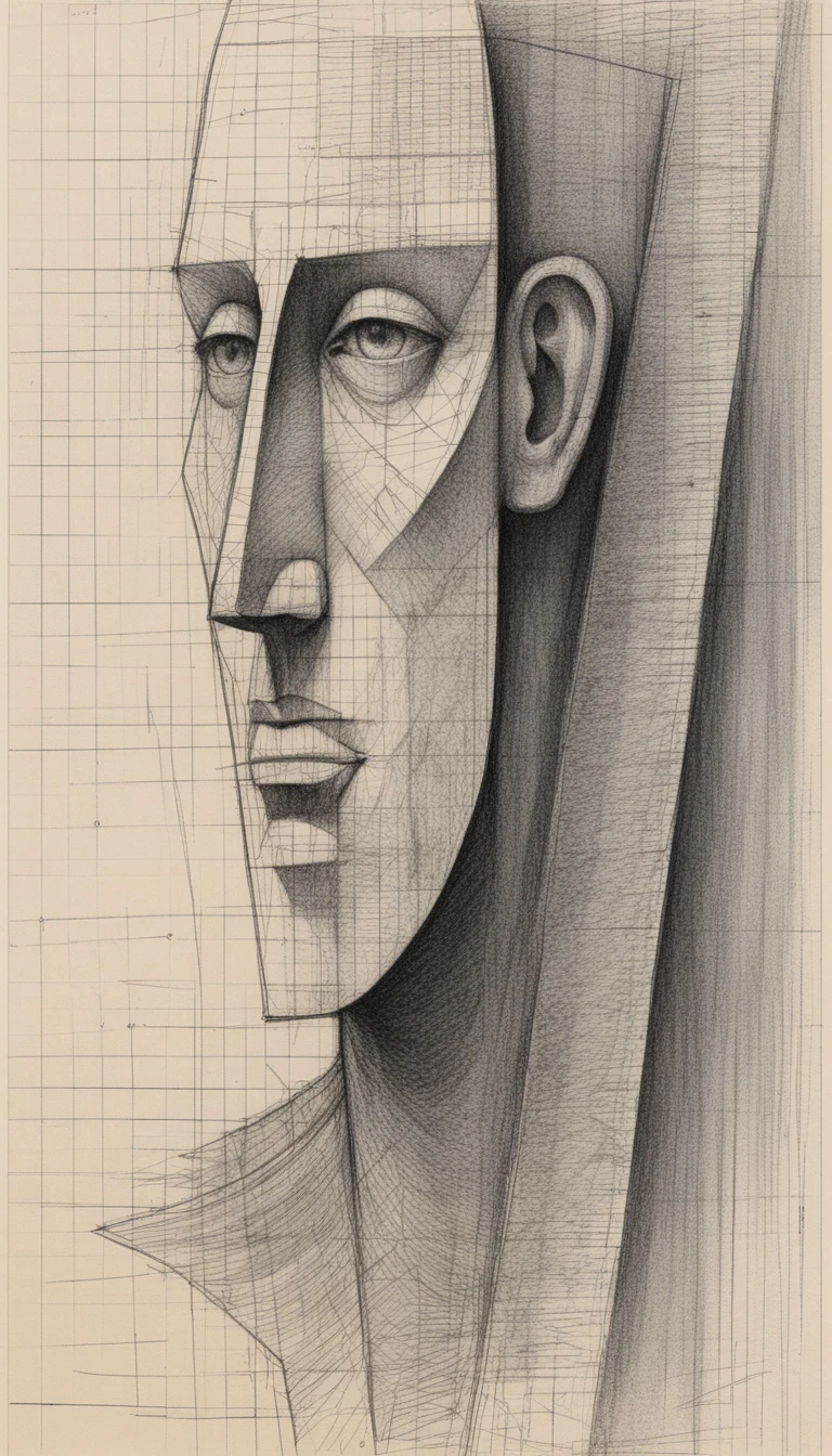 Retrato de perfil cubista em grafite com cabeça geométrica facetada