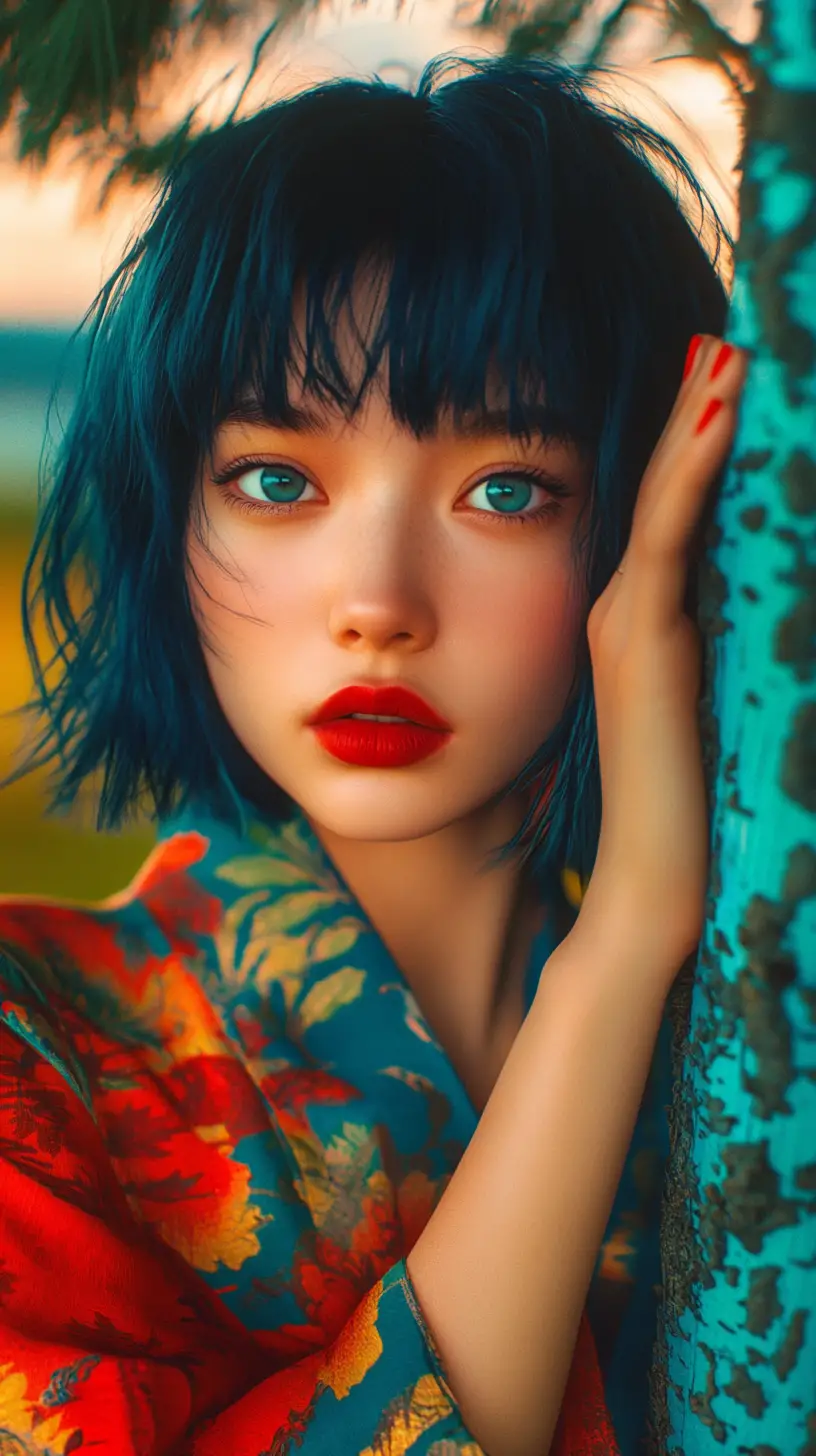 Chica enigmática con kimono rojo junto a un árbol alto