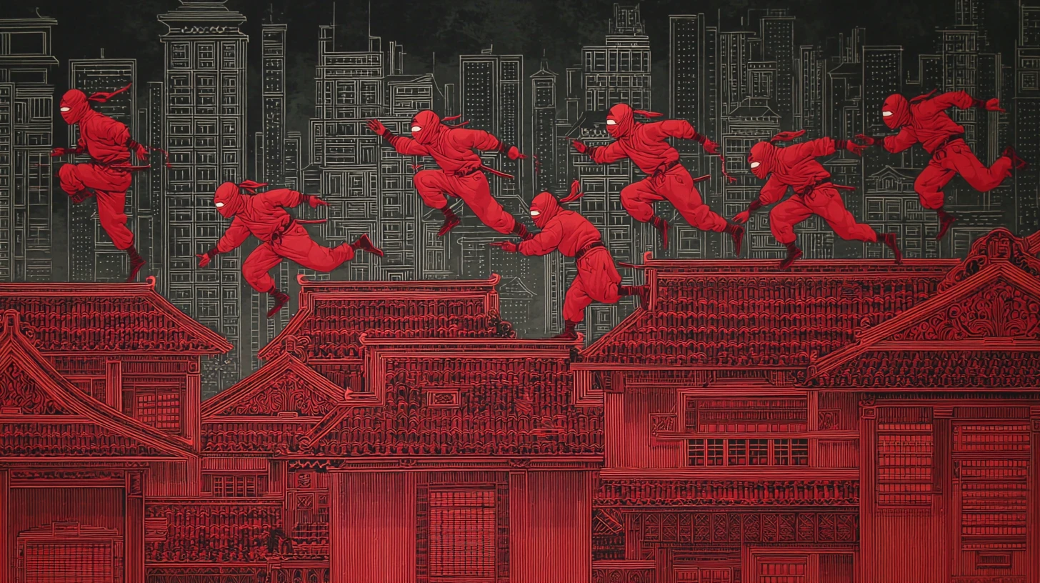 Red clad ninjas leaping across New York rooftops at night