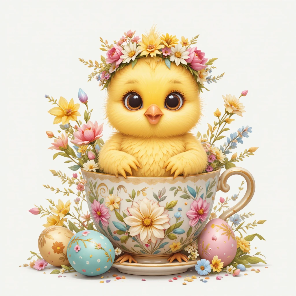 Cute baby chick in floral teacup with Easter eggs