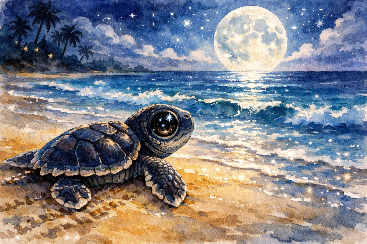 小海龜爬向月光下的熱帶海浪