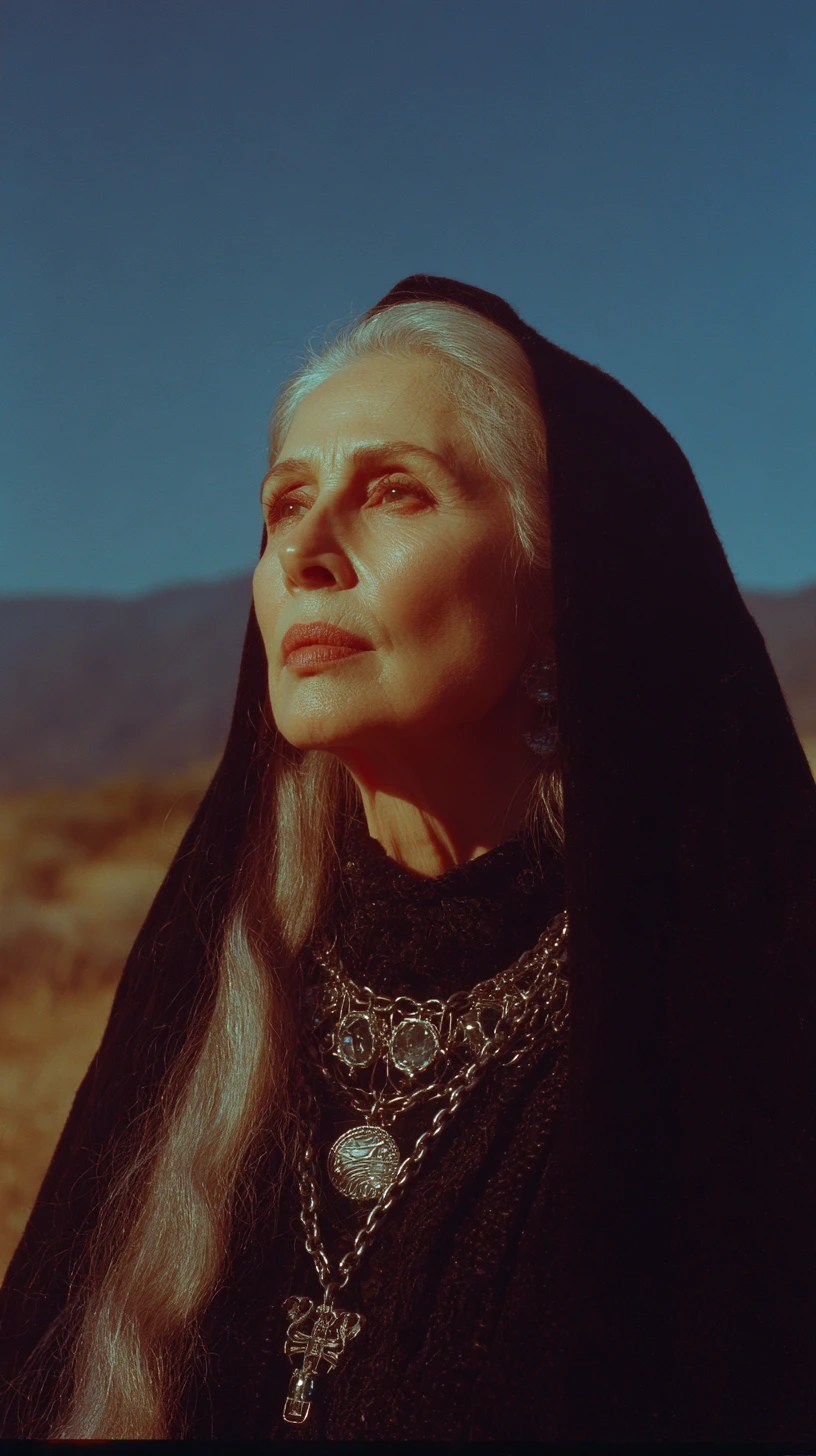 Retrato en claroscuro de una mujer madura y sobrenatural al aire libre