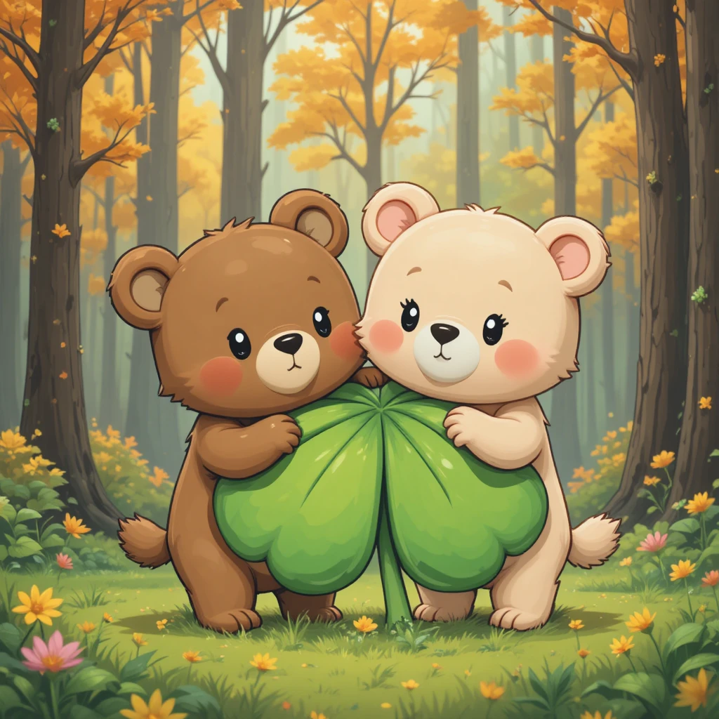 거대한 초록 클로버를 들고 있는 귀여운 곰 두 마리 일러스트