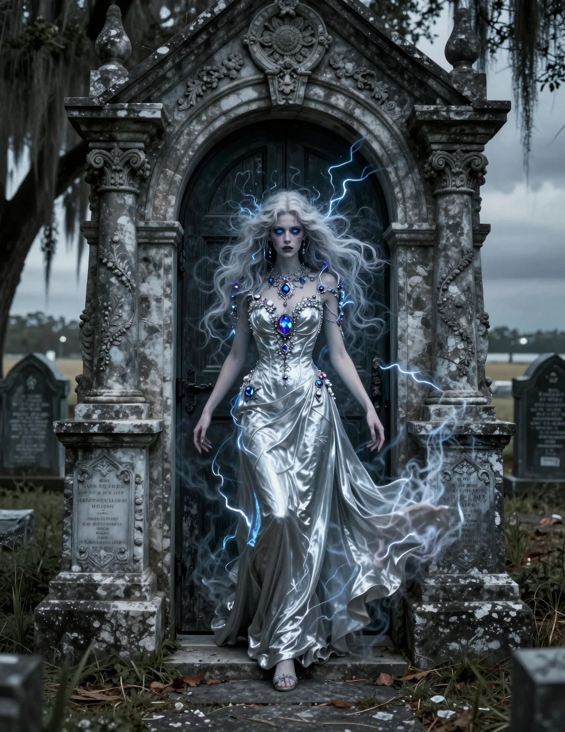 Ghostly Woman Emerging From Tomb In Coastal Cemetery