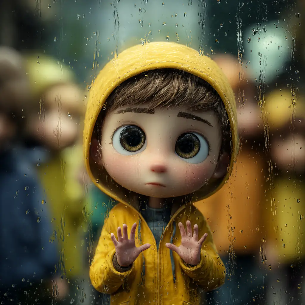 雨中窗後的黃色雨衣小男孩