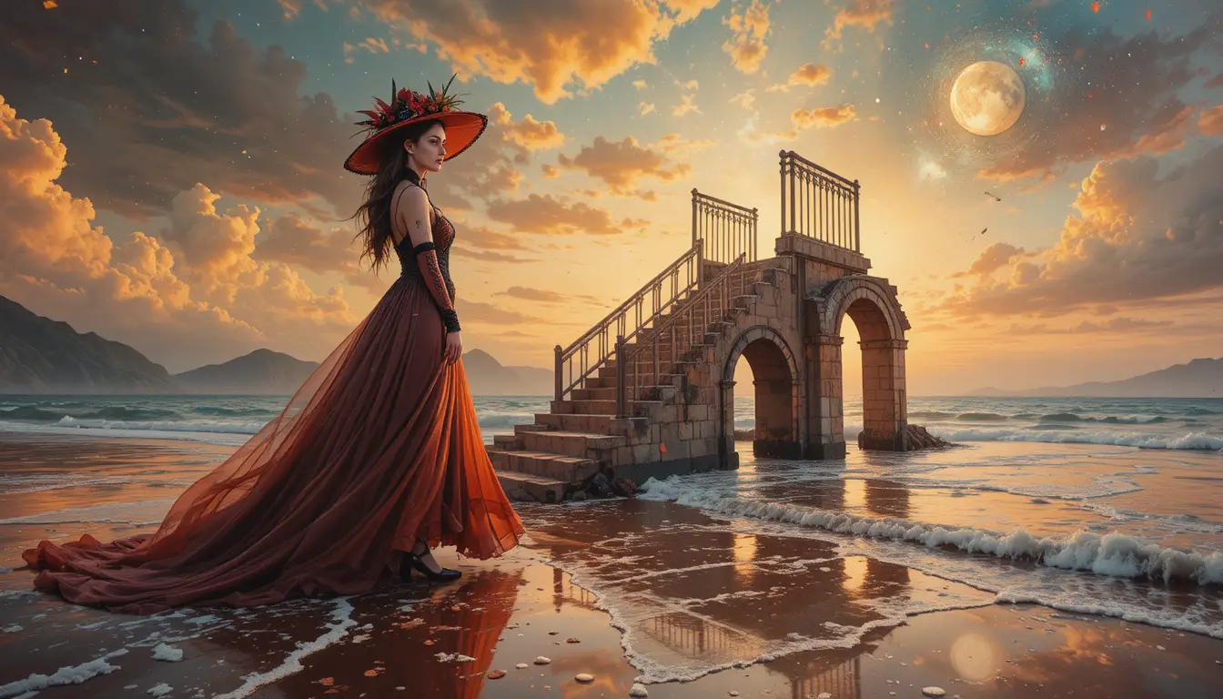 Elegant fantasy woman in Victorian hat by the ocean